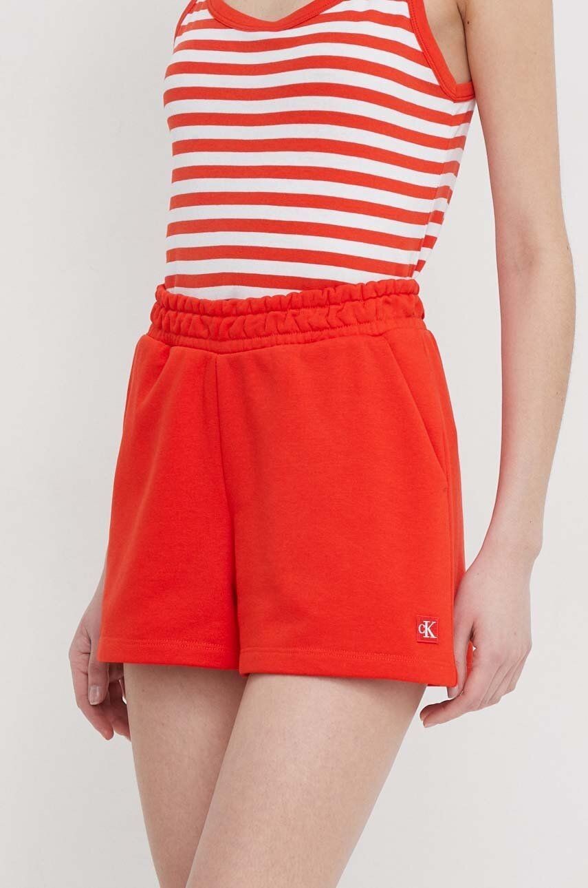 Šortky Calvin Klein Jeans dámske, oranžová farba, jednofarebné, vysoký pás