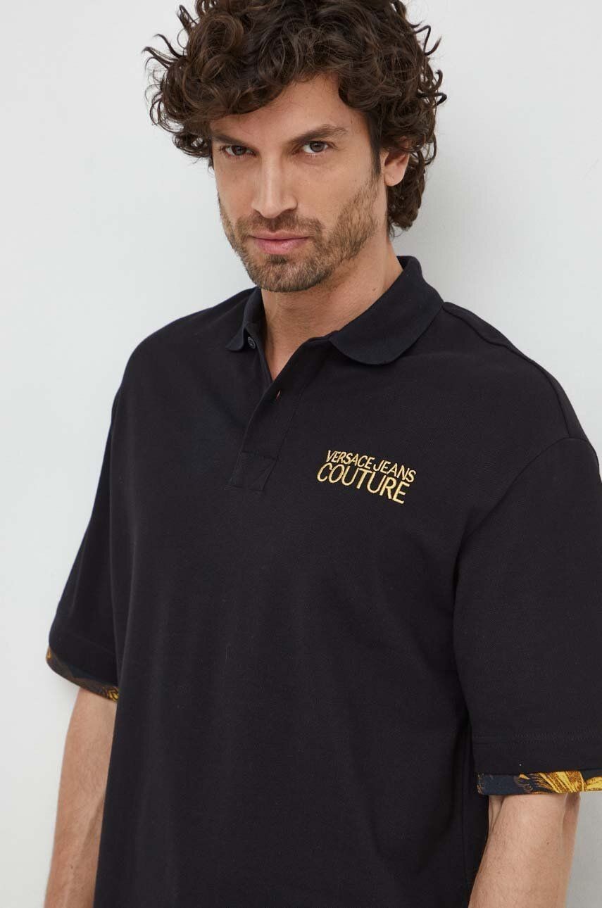 Bavlnené polo tričko Versace Jeans Couture čierna farba, jednofarebný
