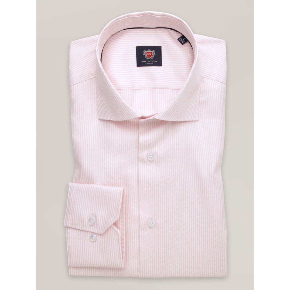 Pánska ružová pruhovaná košeľa slim fit s talianskym golierom 16531