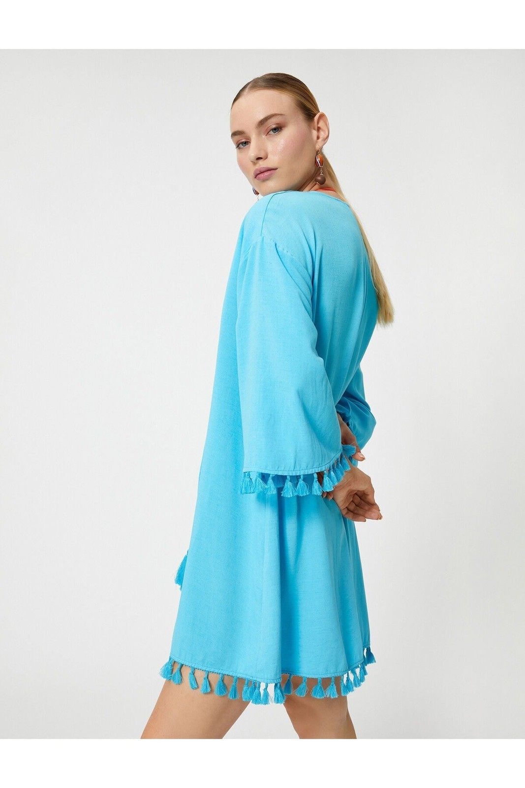 Koton Şahika Ercümen X Cotton - Oversize Tasseled Mini Beach Dress Ecovero® Viscose