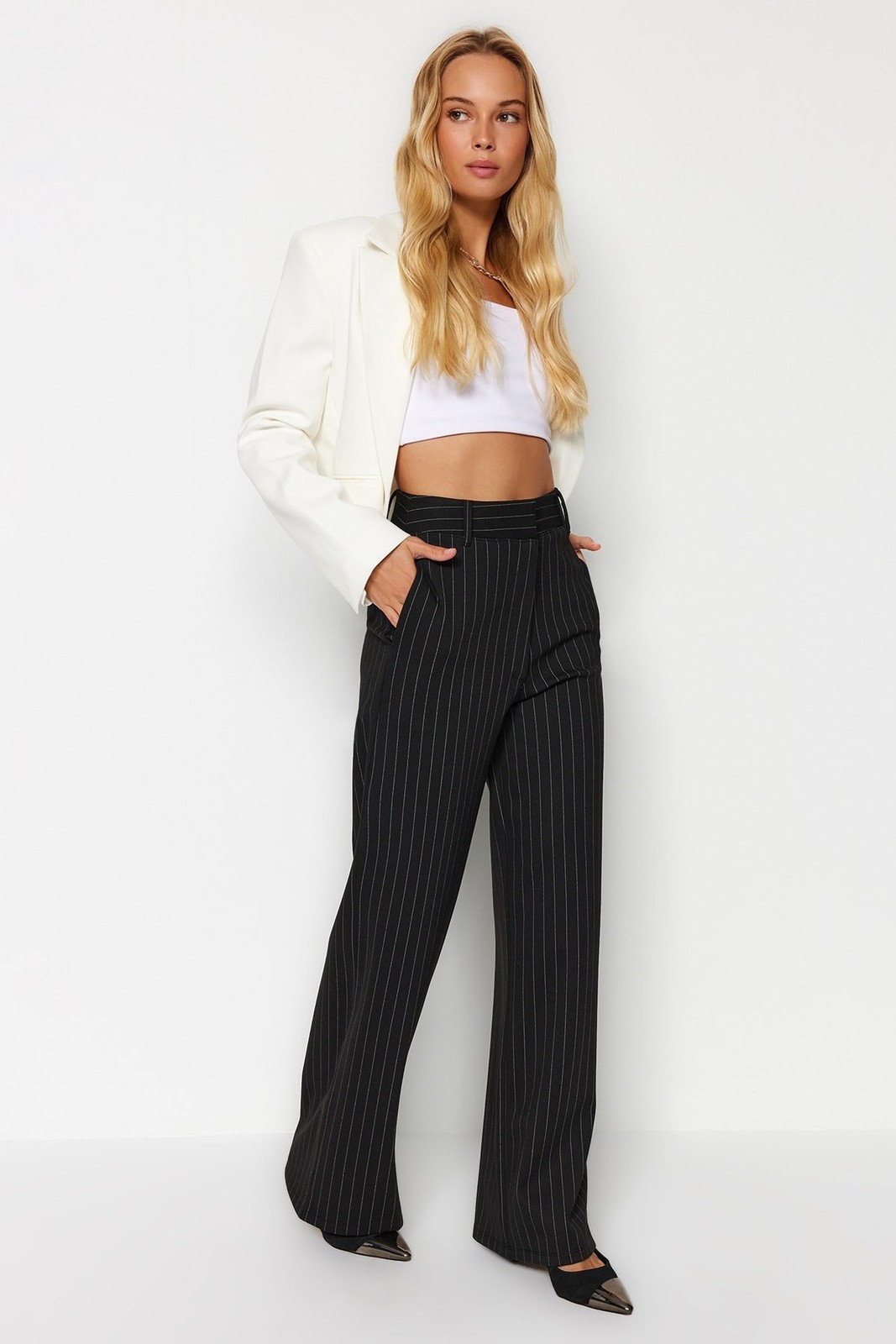 Trendyol Black Belt Detailed Striped Straight Fit High Waist Knitted Trousers