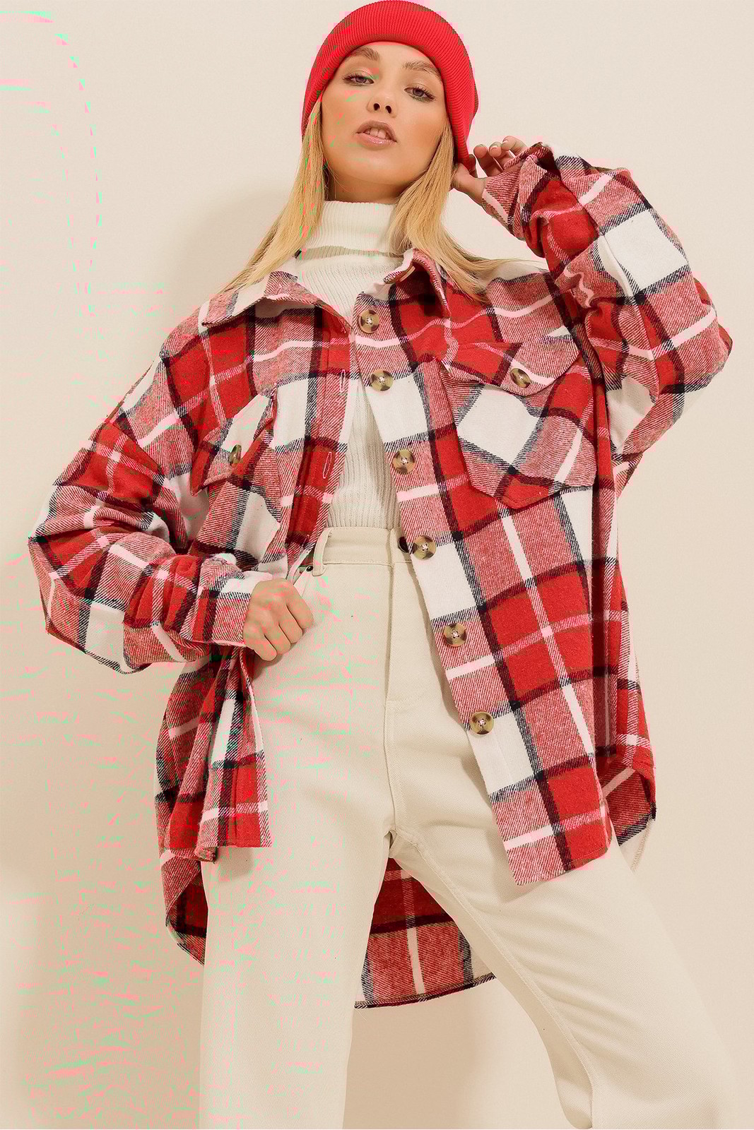Trend Alaçatı Stili Women's Ecru Red Checked Patterned Stamped Cotton Oversize Safari Jacket Shirt