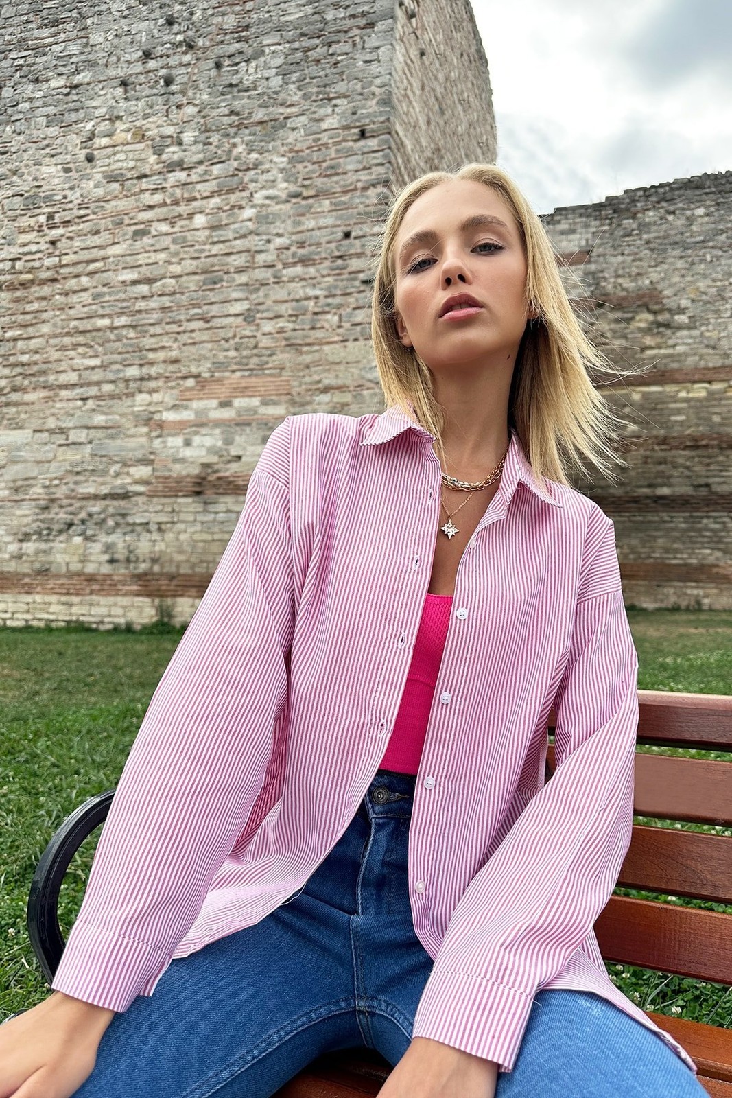Trend Alaçatı Stili Women's Fuchsia Striped Oversized Shirt