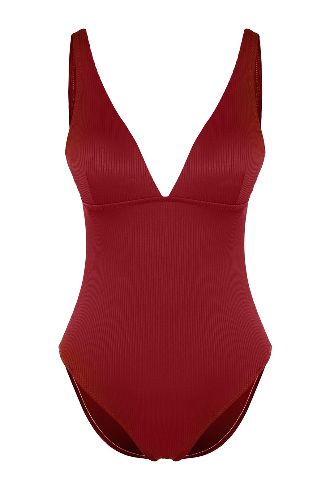 Trendyol Burgundy V-Neck Textured Swimsuit
