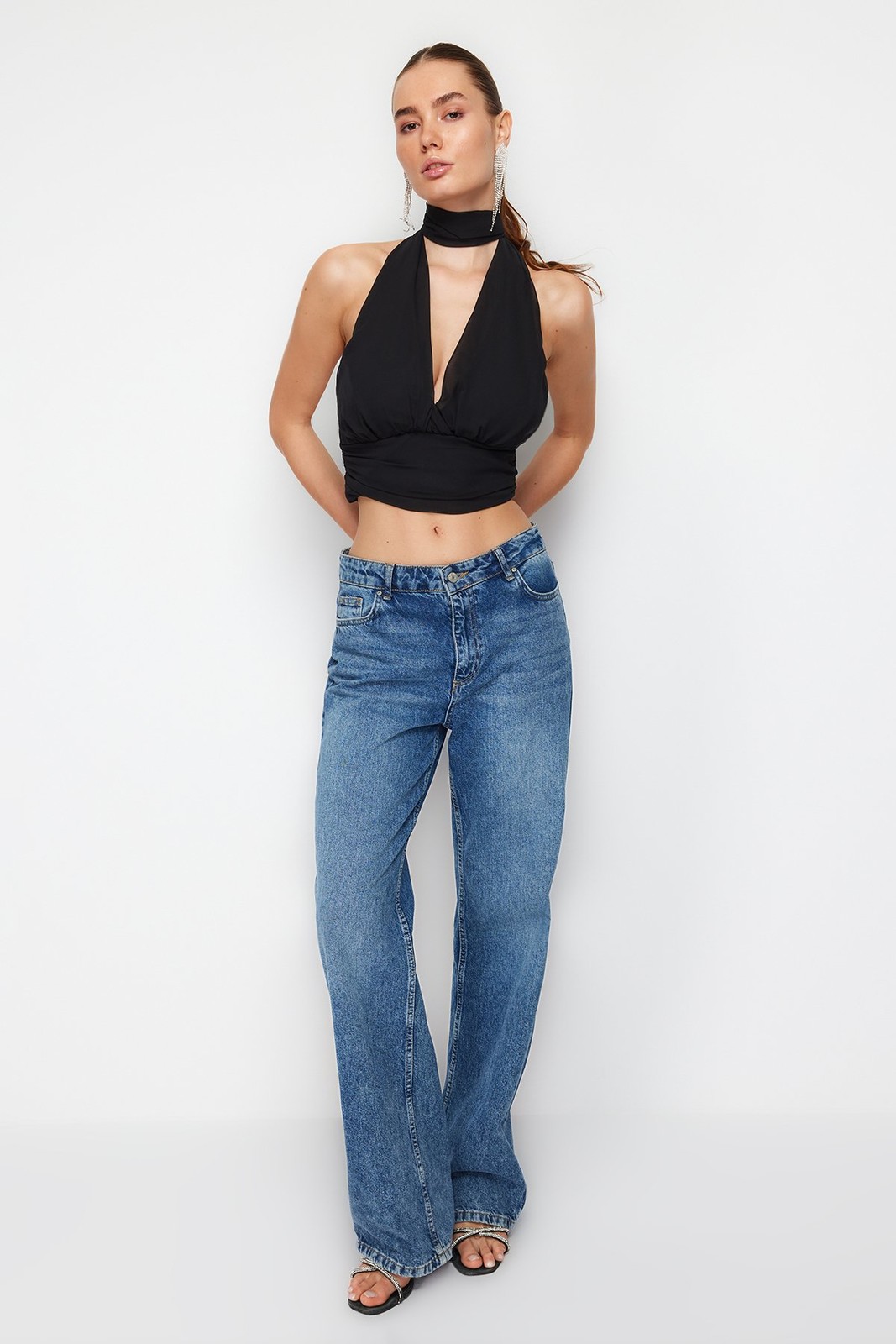 Trendyol Black Crop Lined Woven Chiffon Blouse