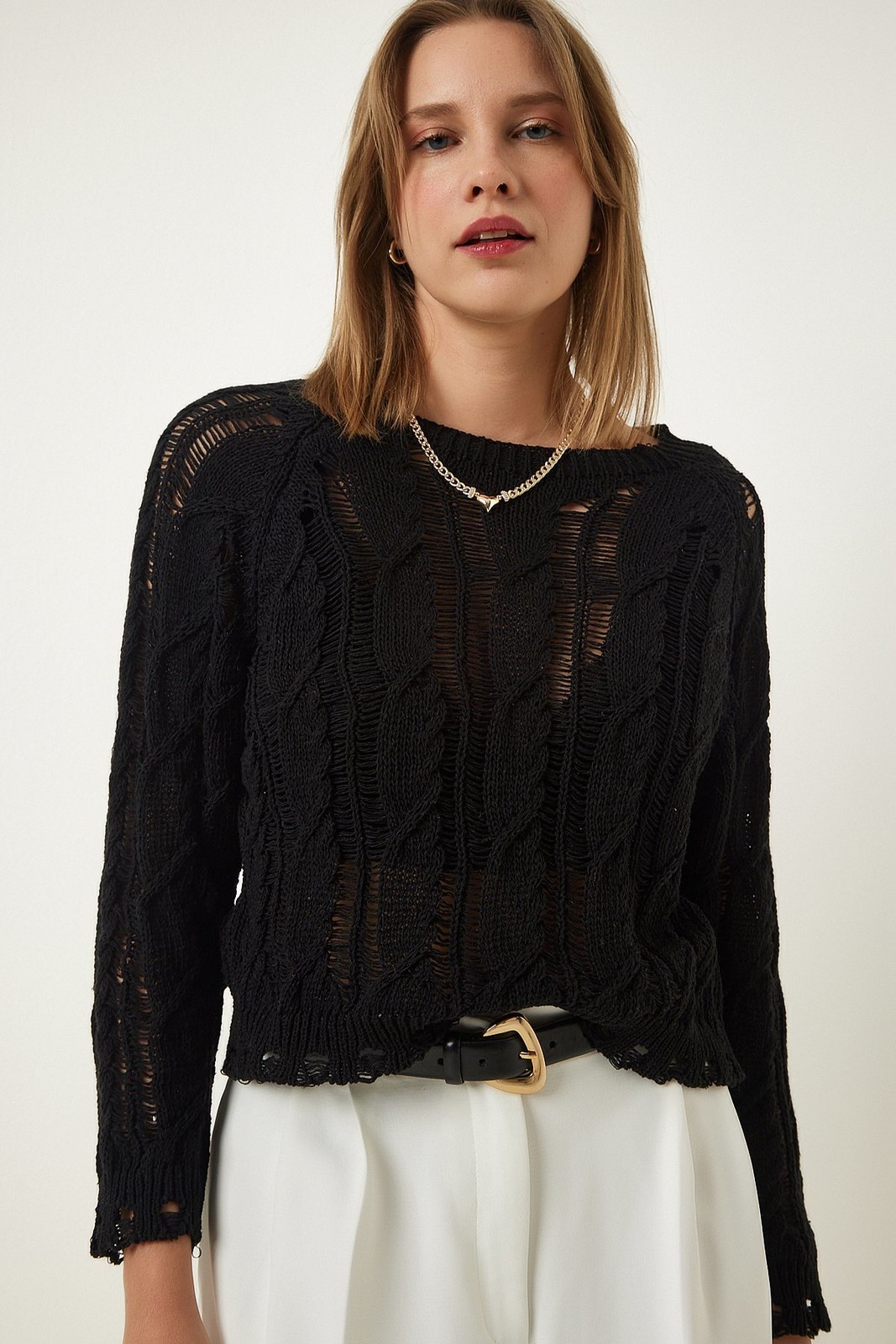 Happiness İstanbul Women's Black Openwork Seasonal Knitwear Sweater