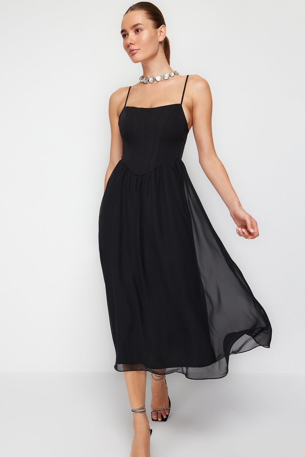 Trendyol Black Waist Drop/Skater Lined Corset Detail Tulle Elegant Evening Dress