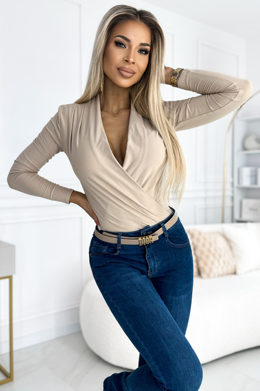 Béžové body s dlhými rukávmi Veľkosť: XS