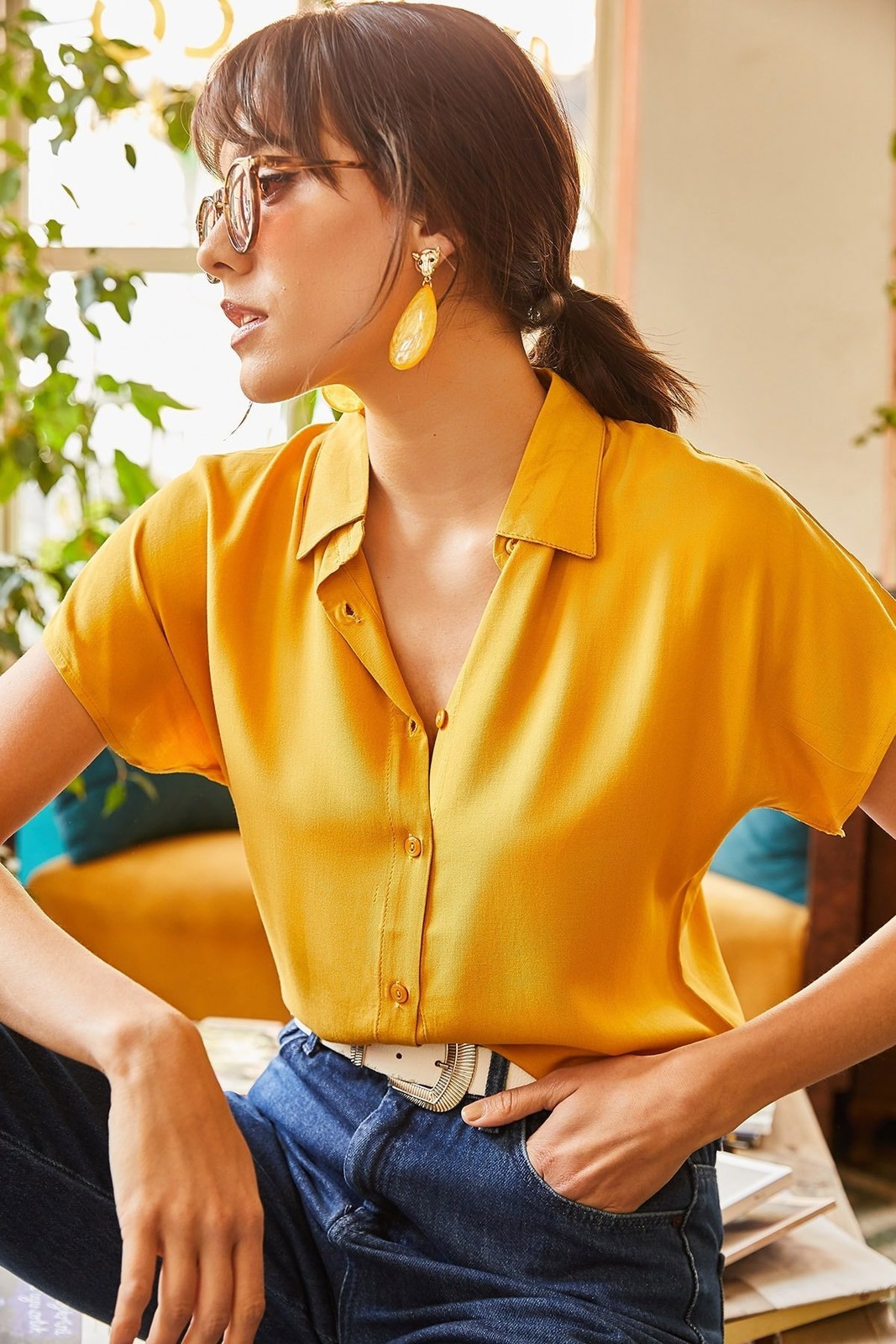 Olalook Women's Mustard Bat Viscose Shirt