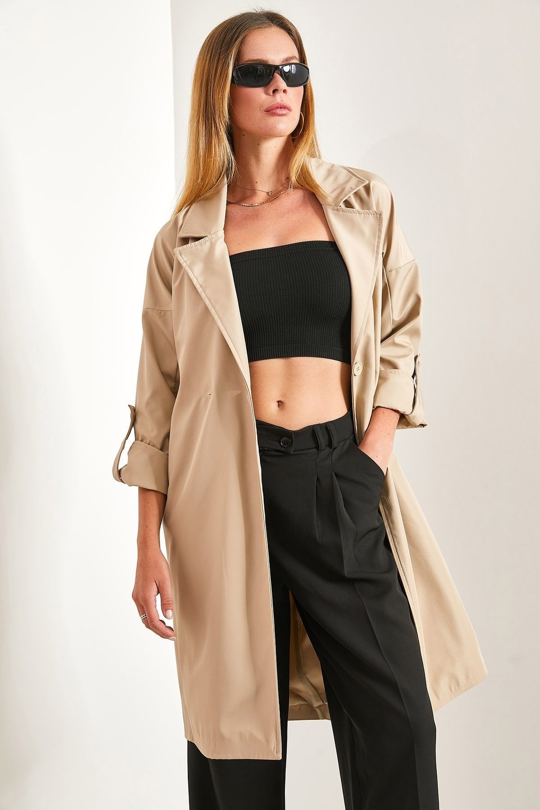 Bianco Lucci Women's Sleeve Fold Belted Trench Coat