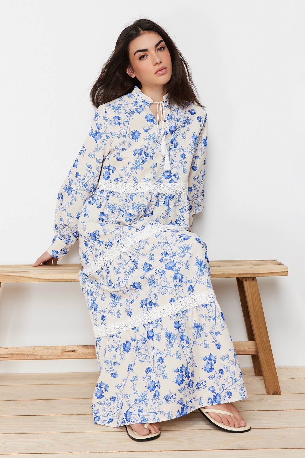 Trendyol Beige Linen Look Floral Woven Dress