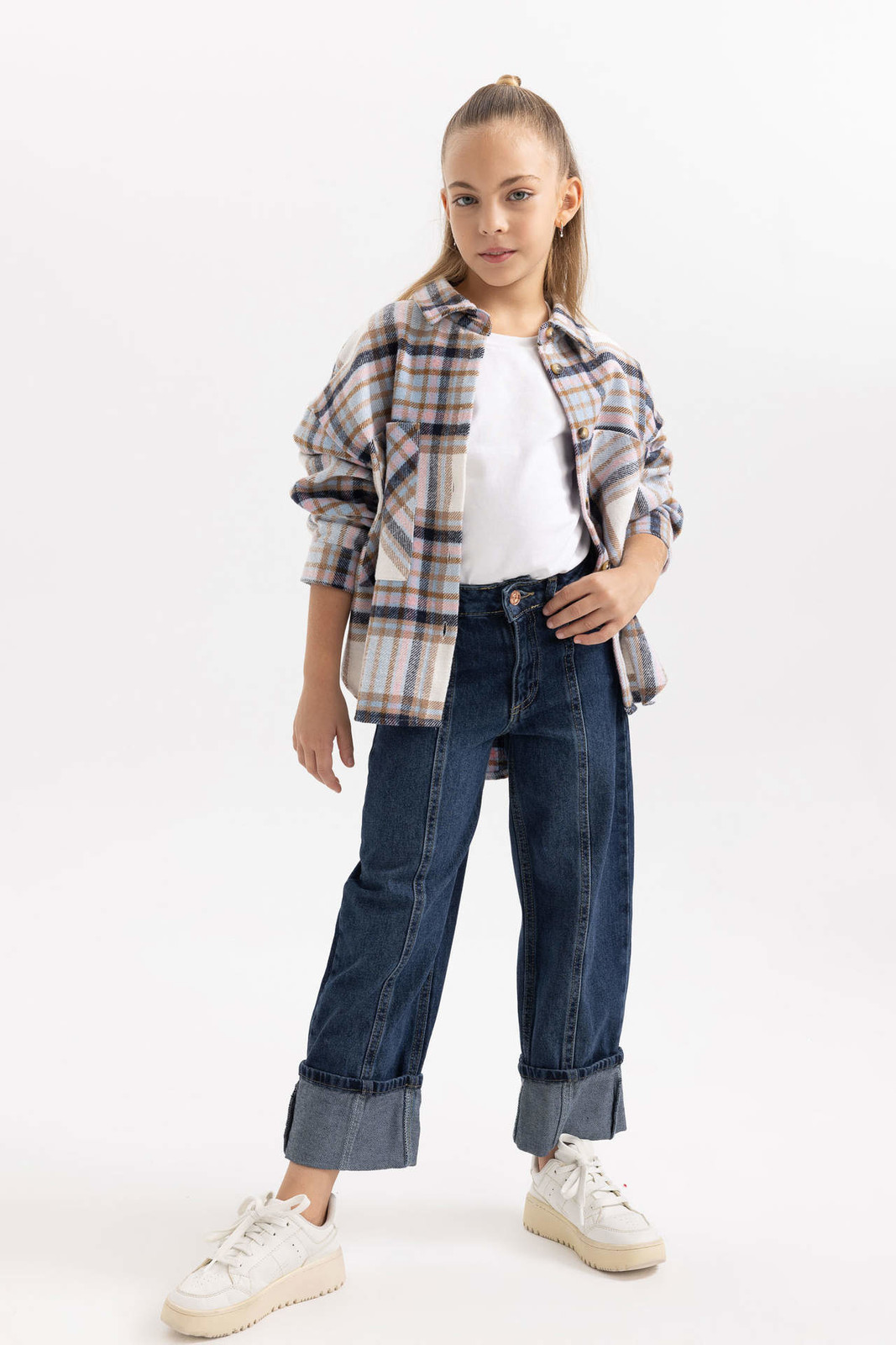 DEFACTO Girl Wide Leg Fold Front Jean Trousers