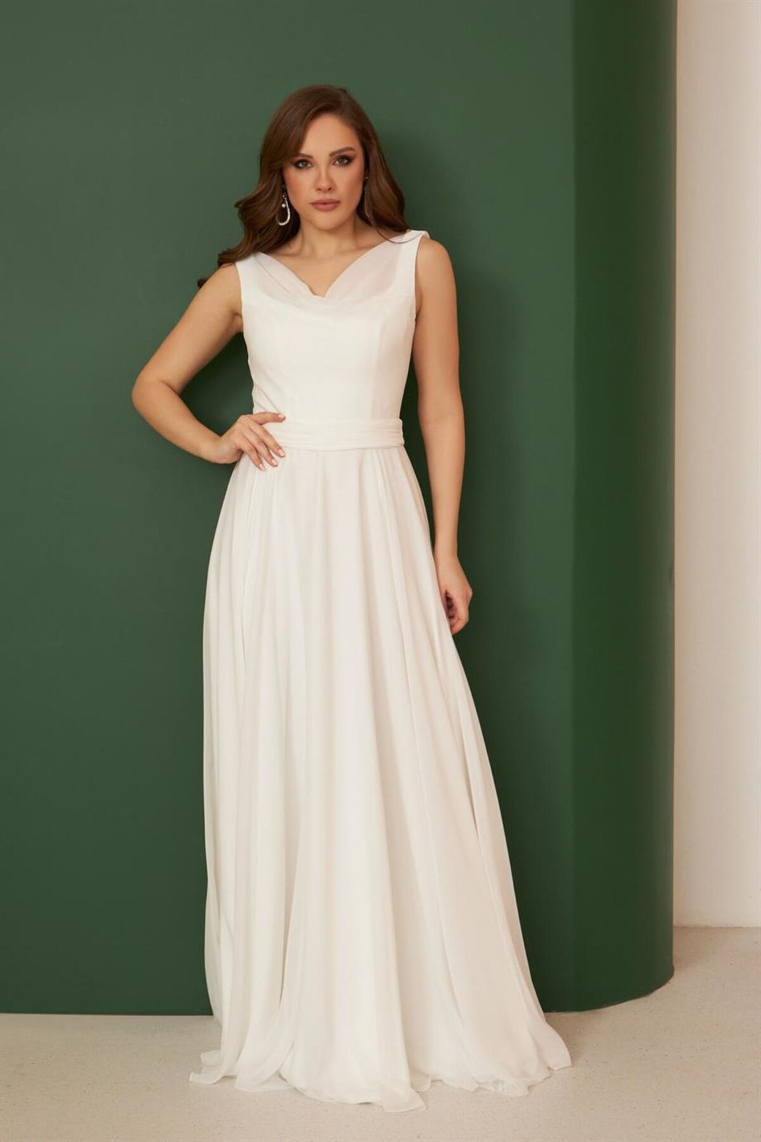 Carmen Ecru Chiffon Off Shoulder Neckline Long Wedding Dress