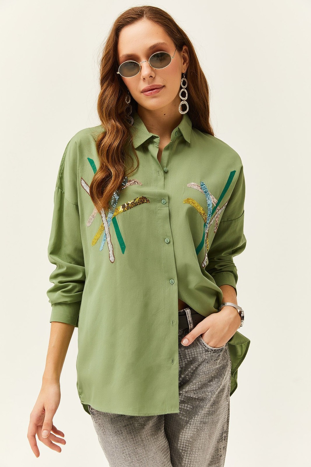 Olalook Women's Mustard Green Color Sequin Stick Woven Shirt