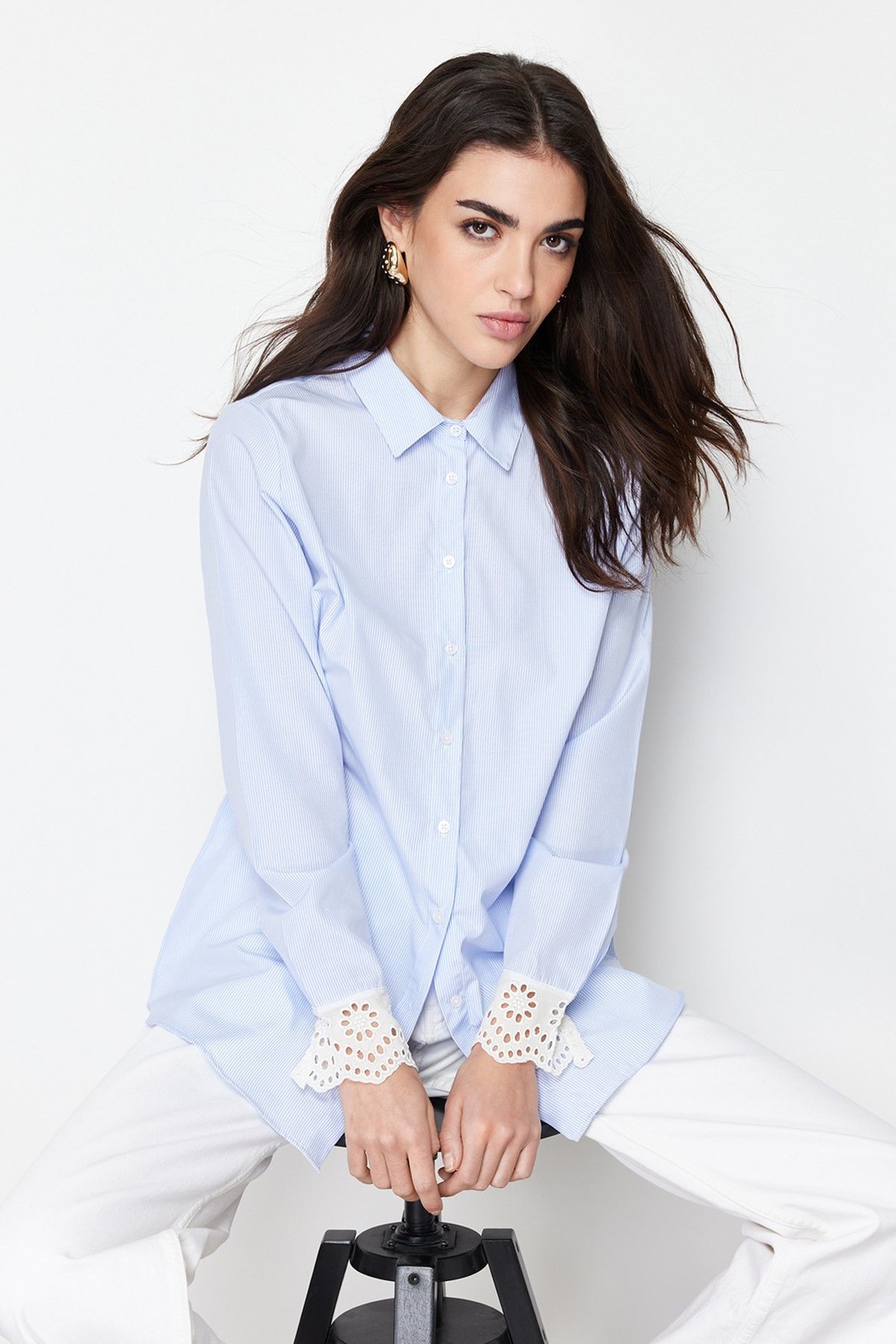 Trendyol Blue Brode Detail Cotton Blended Woven Shirt