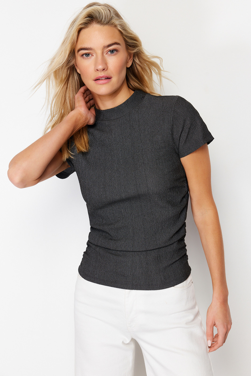Trendyol Anthracite High Collar Short Sleeve Gather Detailed Flexible Knitted Blouse