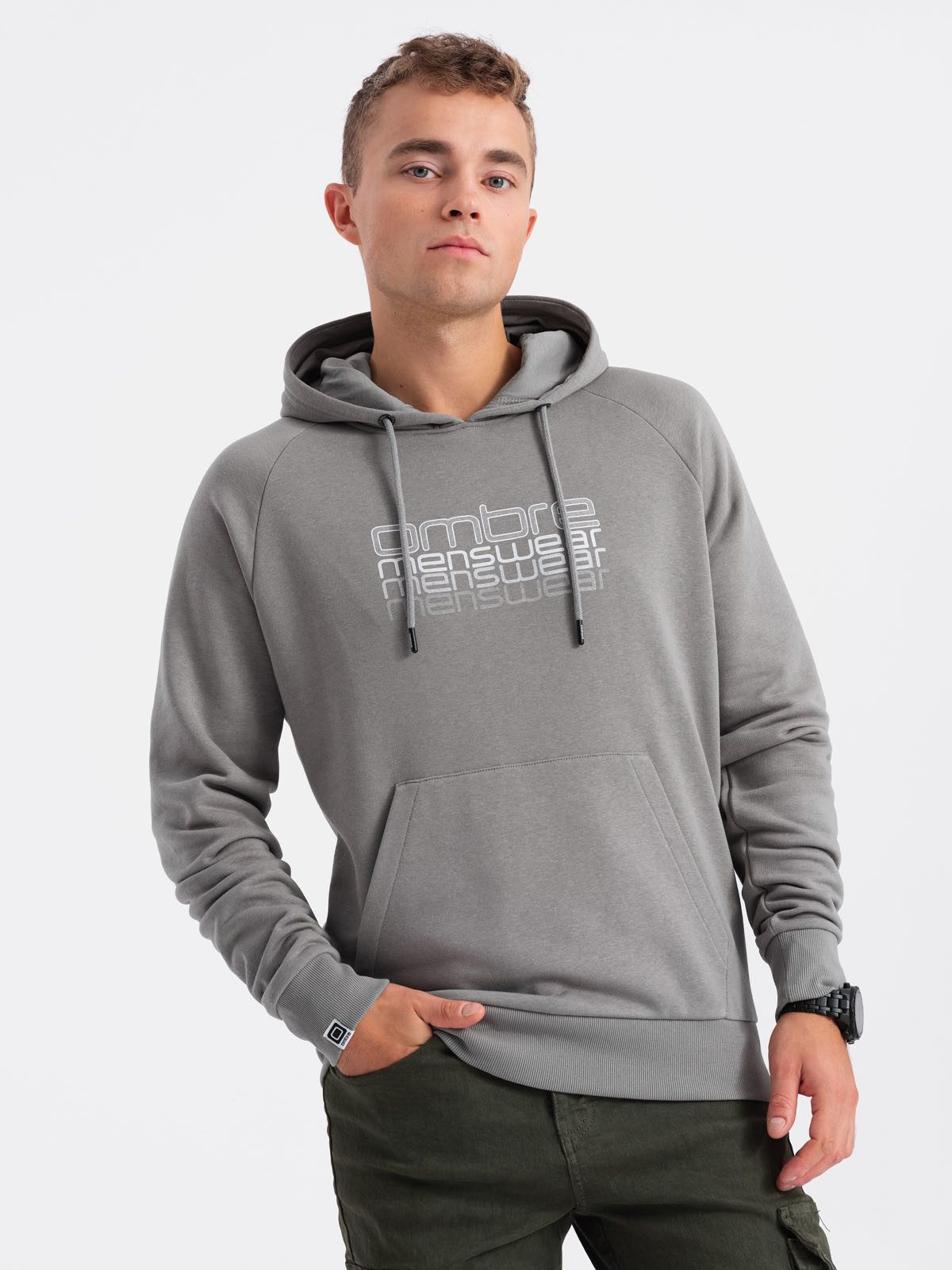 Ombre Men's non-stretch hooded sweatshirt with print - grey