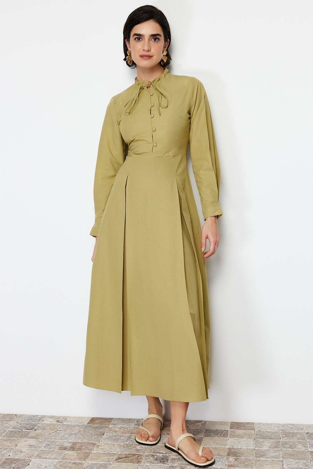 Trendyol Khaki Flared Skirt Cotton Woven Dress
