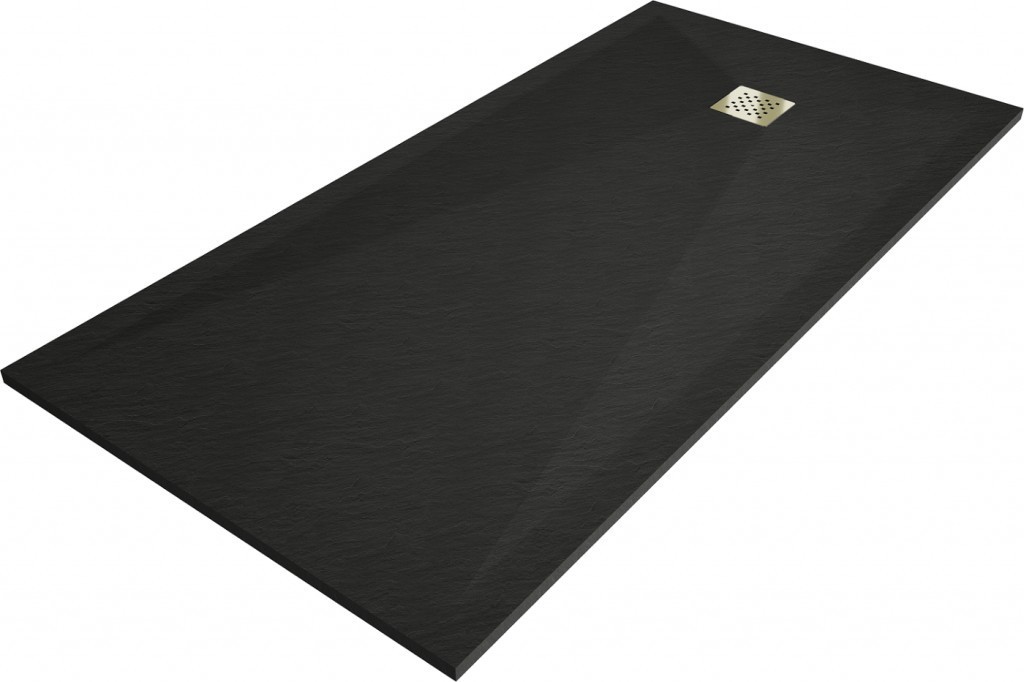 MEXEN/S - Stone+ obdĺžniková sprchová vanička 200 x 100 cm, čierna, mriežka zlatá 44701020-G