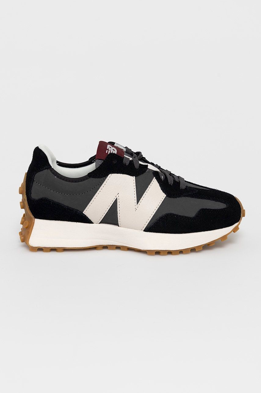 Semišové topánky New Balance WS327KC-001, čierna farba, na plochom podpätku