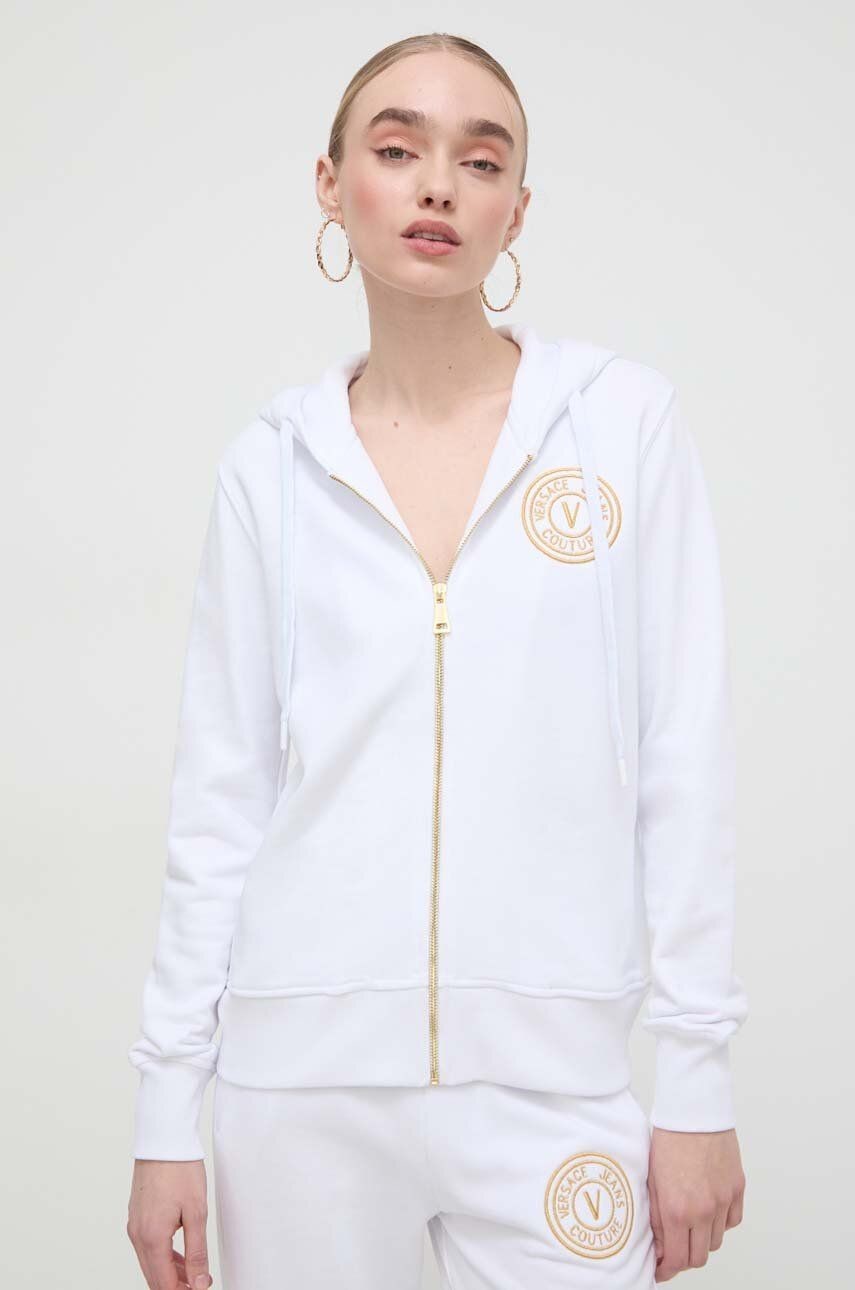 Bavlnená mikina Versace Jeans Couture dámska, biela farba, s kapucňou, s nášivkou