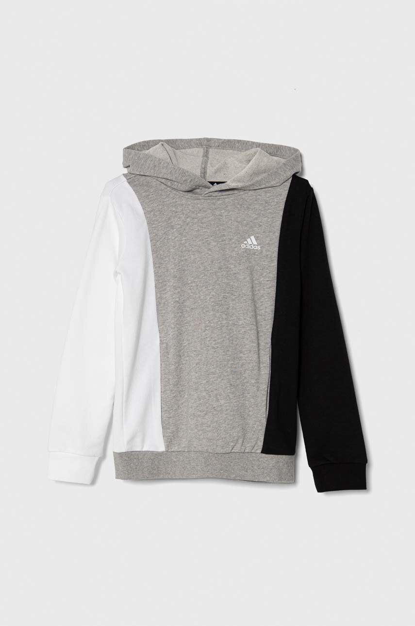 Detská mikina adidas šedá farba, s kapucňou, vzorovaná