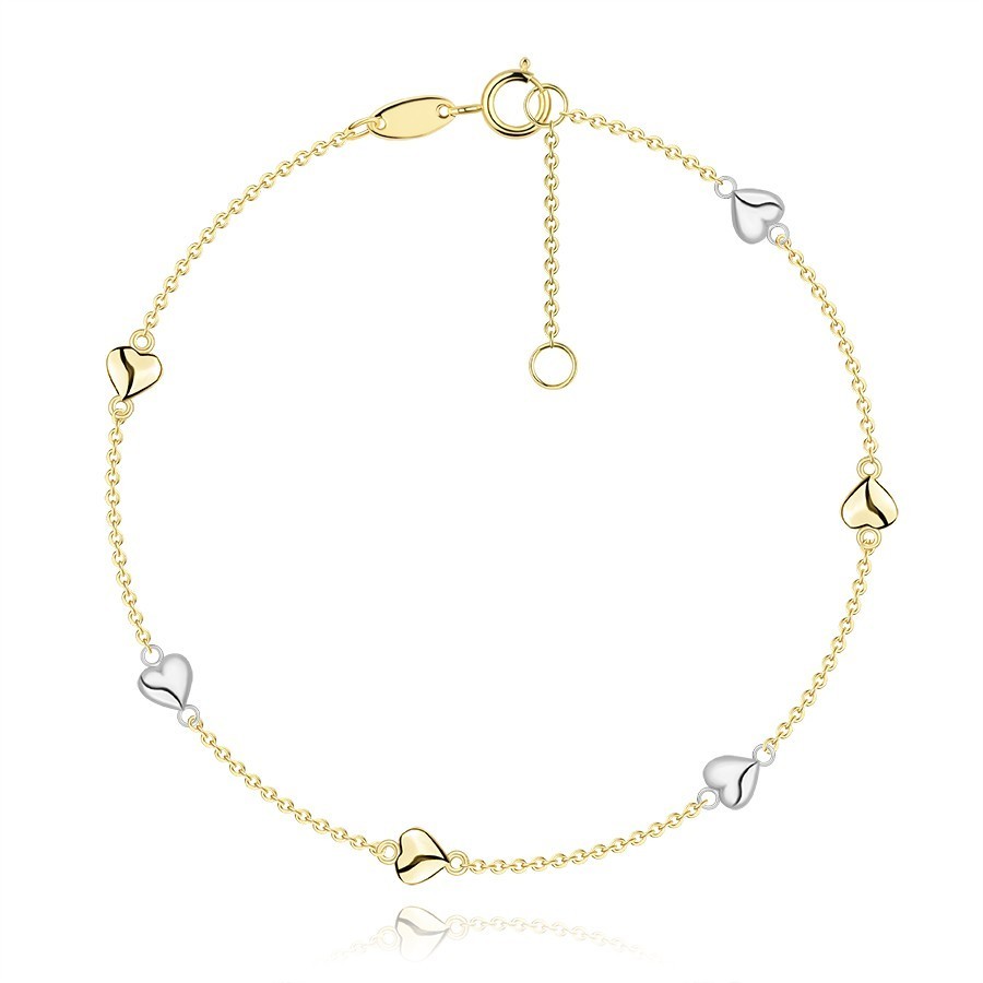 Náramok z kombinovaného zlata 585 - žlté a biele srdcia s hladkým povrchom