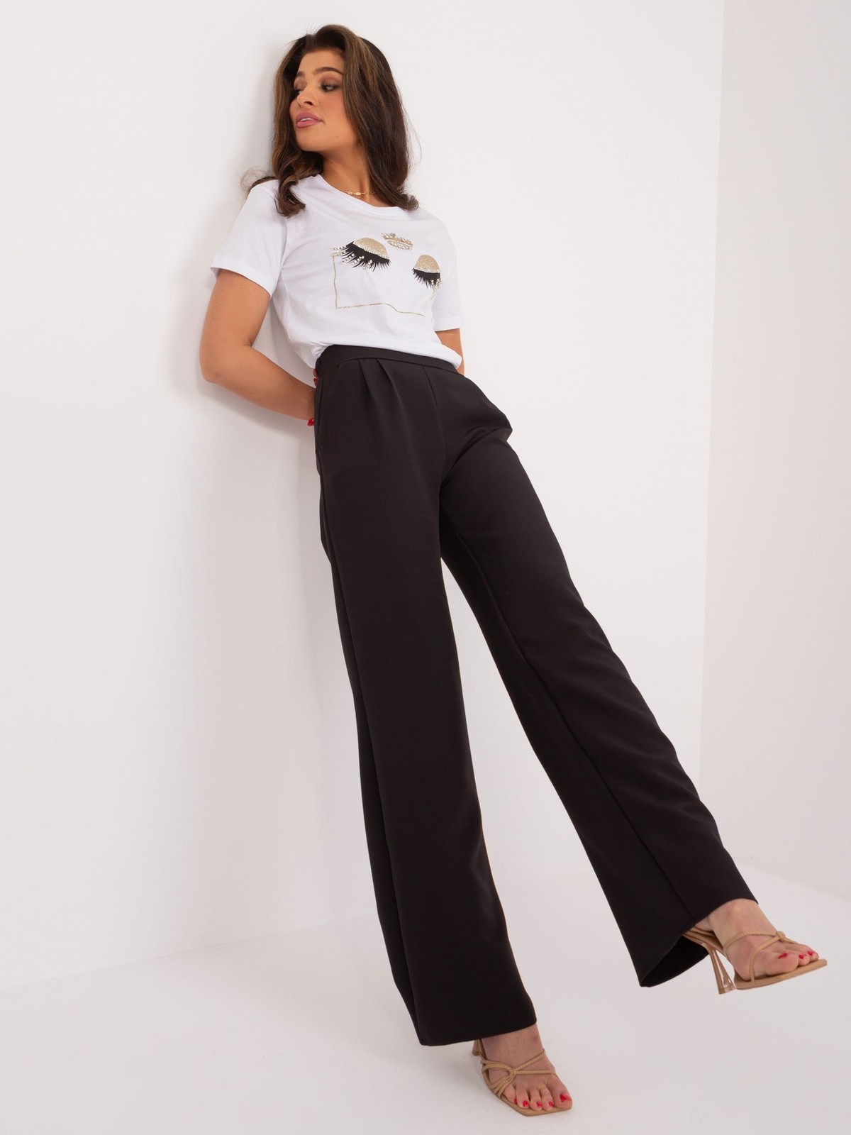 Black smooth high-waisted fabric trousers