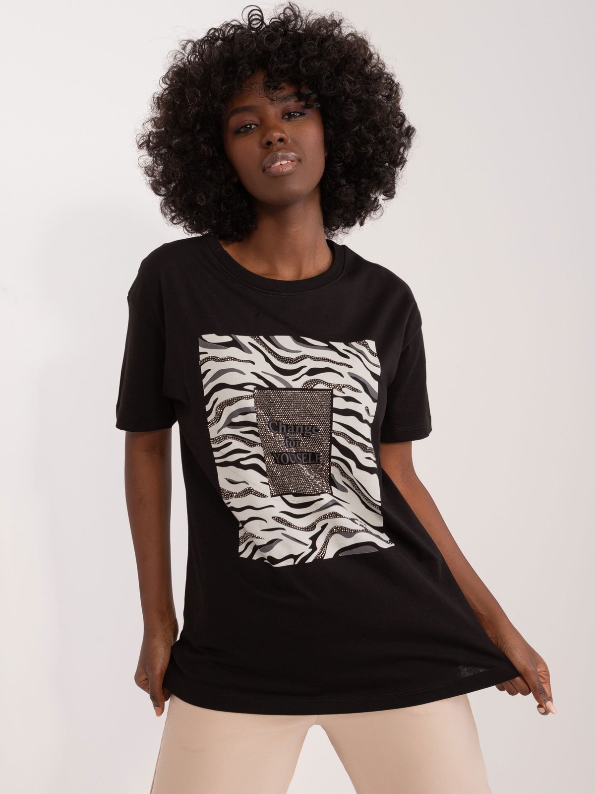 Black women's T-shirt with rhinestone appliqué