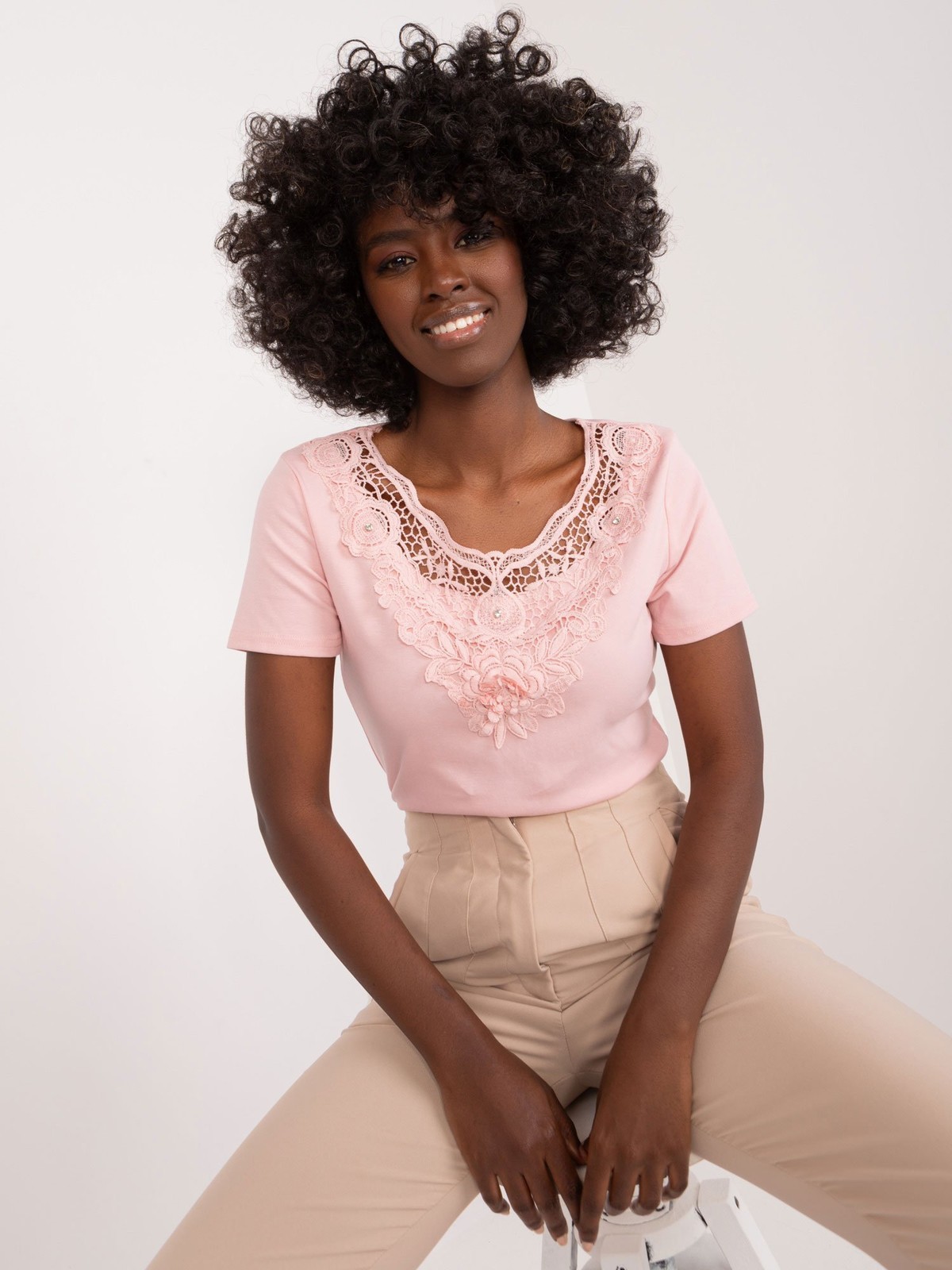 Light pink cotton blouse with lace