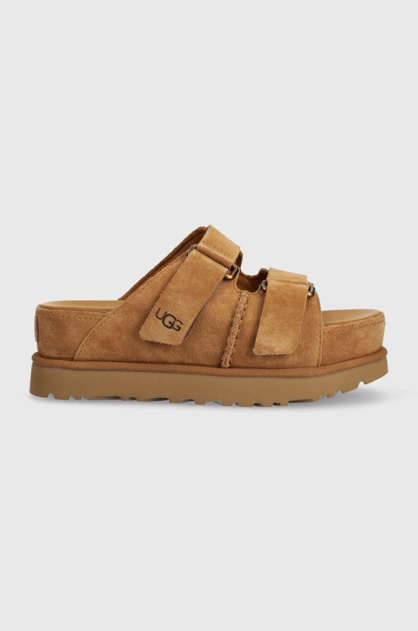 Semišové šľapky UGG Goldenstar Hi Slide dámske, hnedá farba, na platforme, 1155458