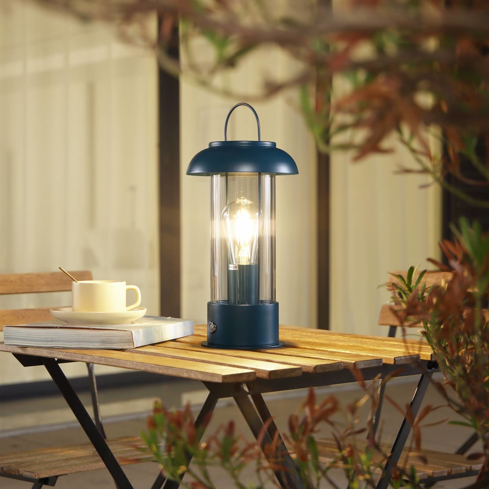 Lindby LED dobíjacia stolová lampa Yvette, modrá, IP44