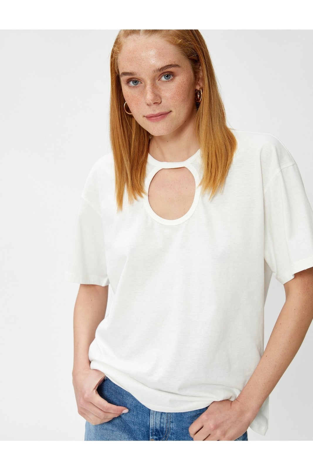Koton Cotton T-Shirt with Window Detail Relax Fit.