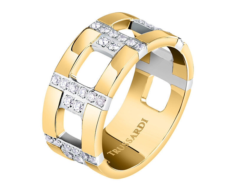 Trussardi Výrazný pozlátený prsteň so zirkónmi T-Logo TJAXC38 54 mm