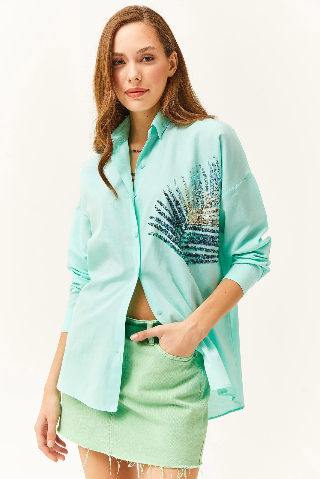 Olalook Women's Aqua Green Palm Sequin Detailed Oversize Woven Poplin Shirt