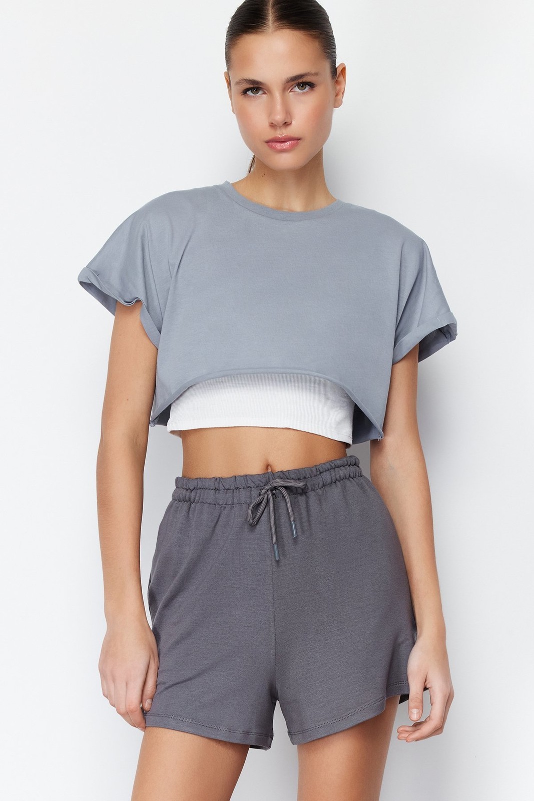 Trendyol Anthracite Basic Knitted Shorts with Elastic Waist & Bermuda