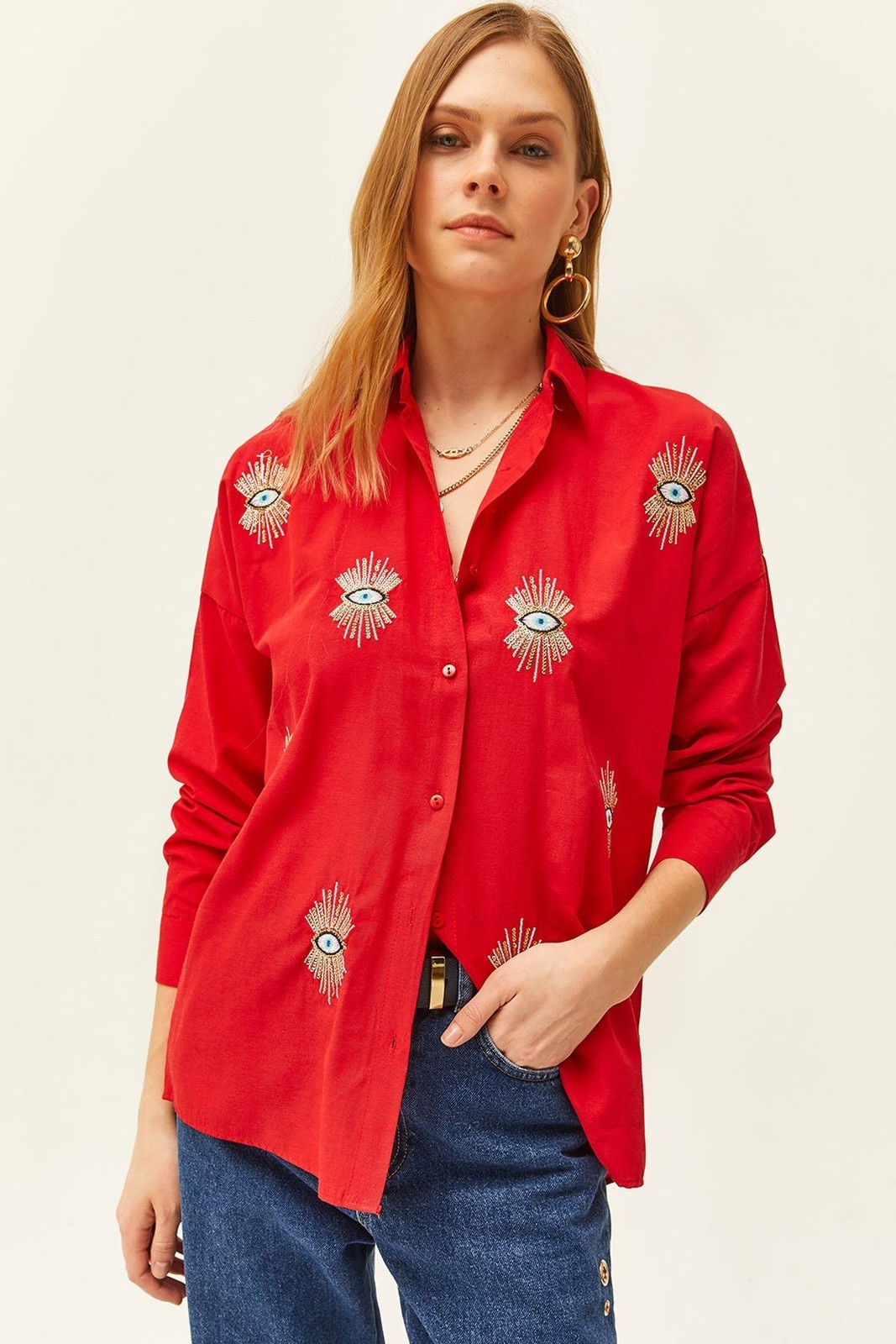Olalook Women's Red Sequin Detailed Woven Boyfriend Shirt