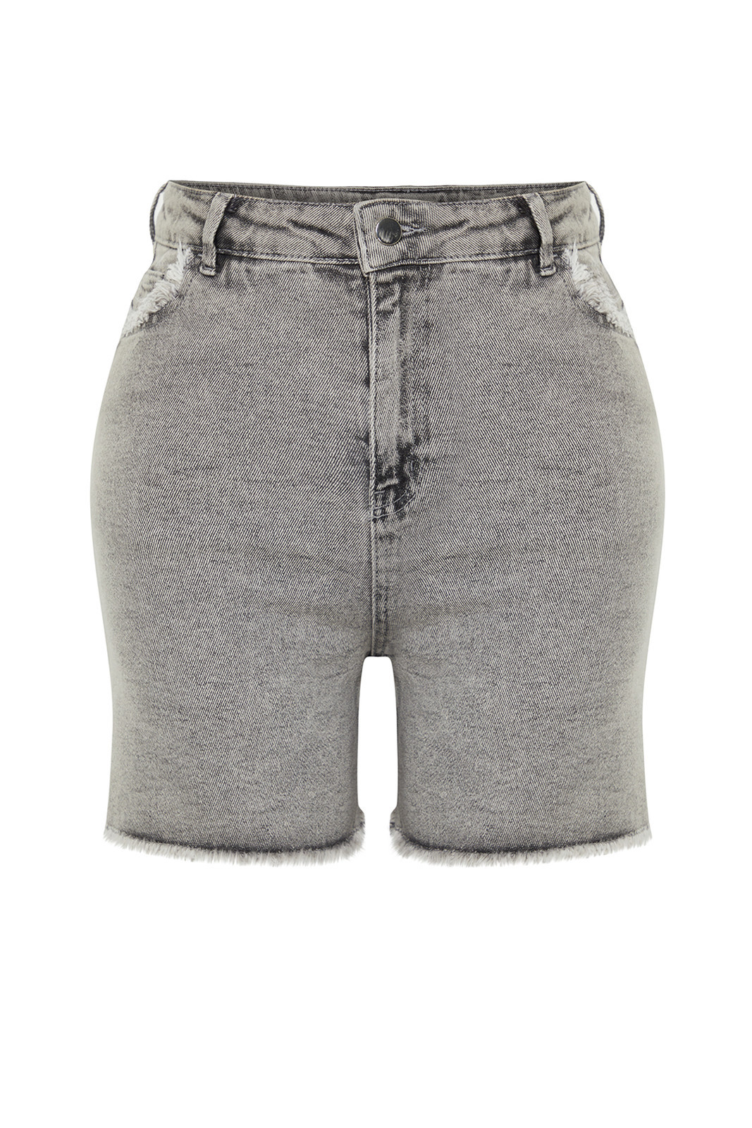 Trendyol Curve Gray Pocket and Leg Tassel Detail Mini Denim Shorts