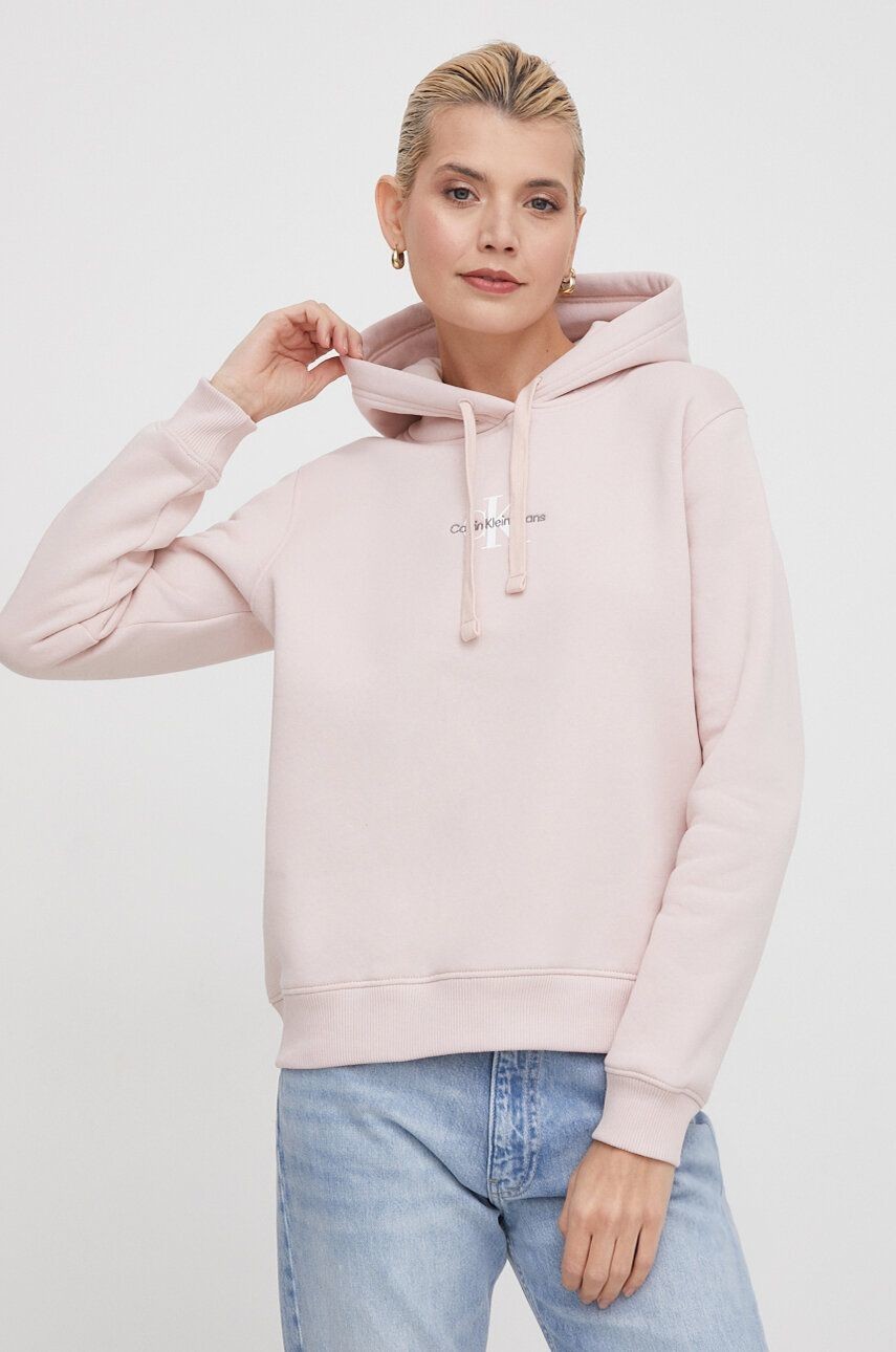 Mikina Calvin Klein Jeans dámska, ružová farba, s kapucňou, jednofarebná
