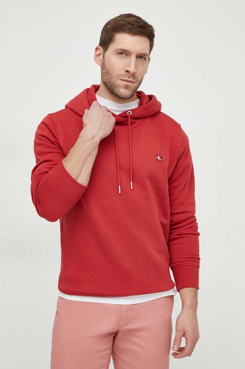 Mikina Calvin Klein Jeans pánska, červená farba, s kapucňou, jednofarebná