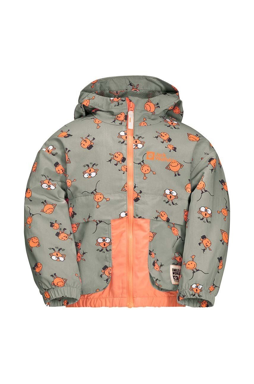 Detská nepremokavá bunda Jack Wolfskin SMILEYWORLD AOP šedá farba