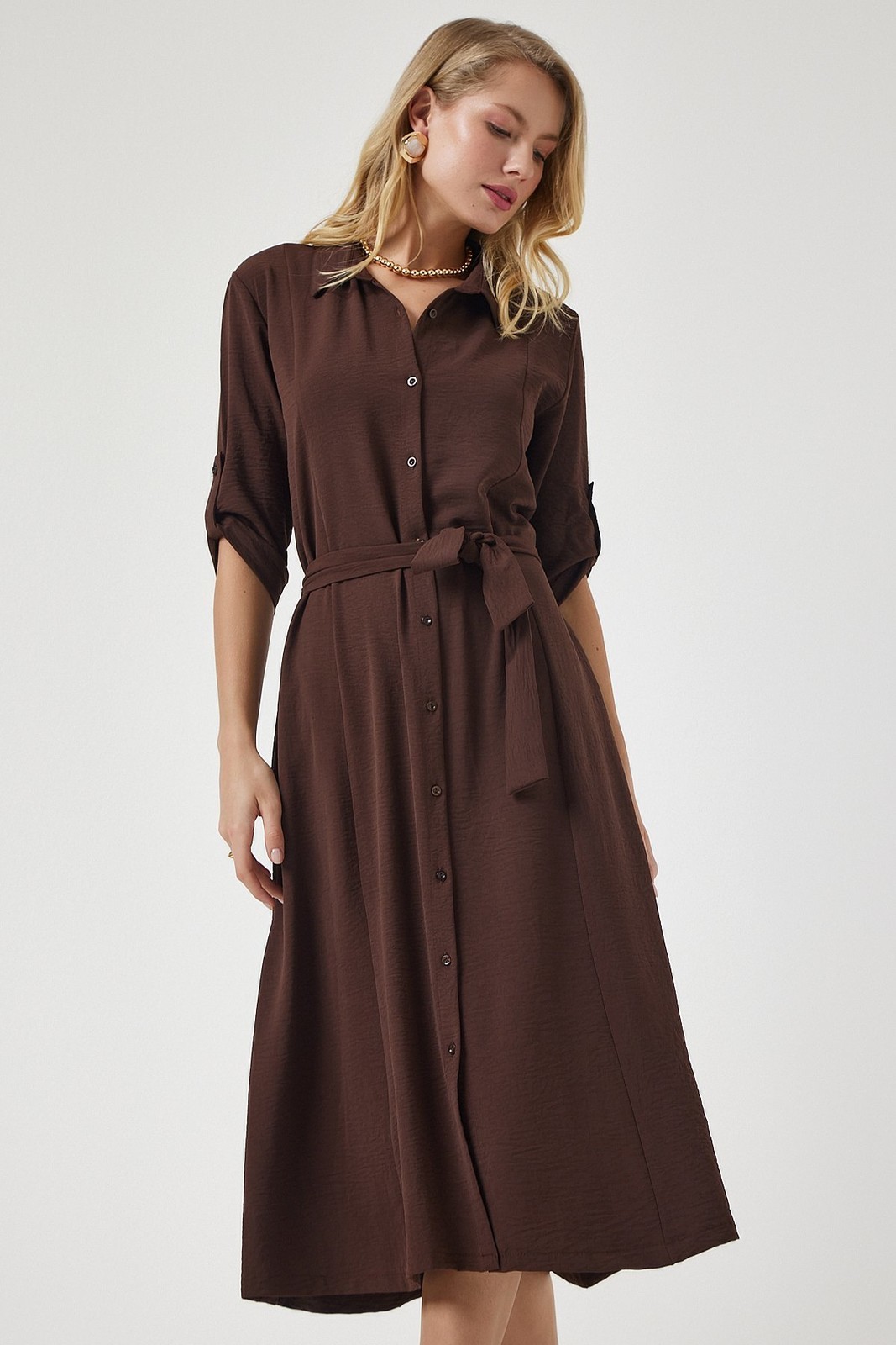 Happiness İstanbul Women's Brown Belted Shirt Dress