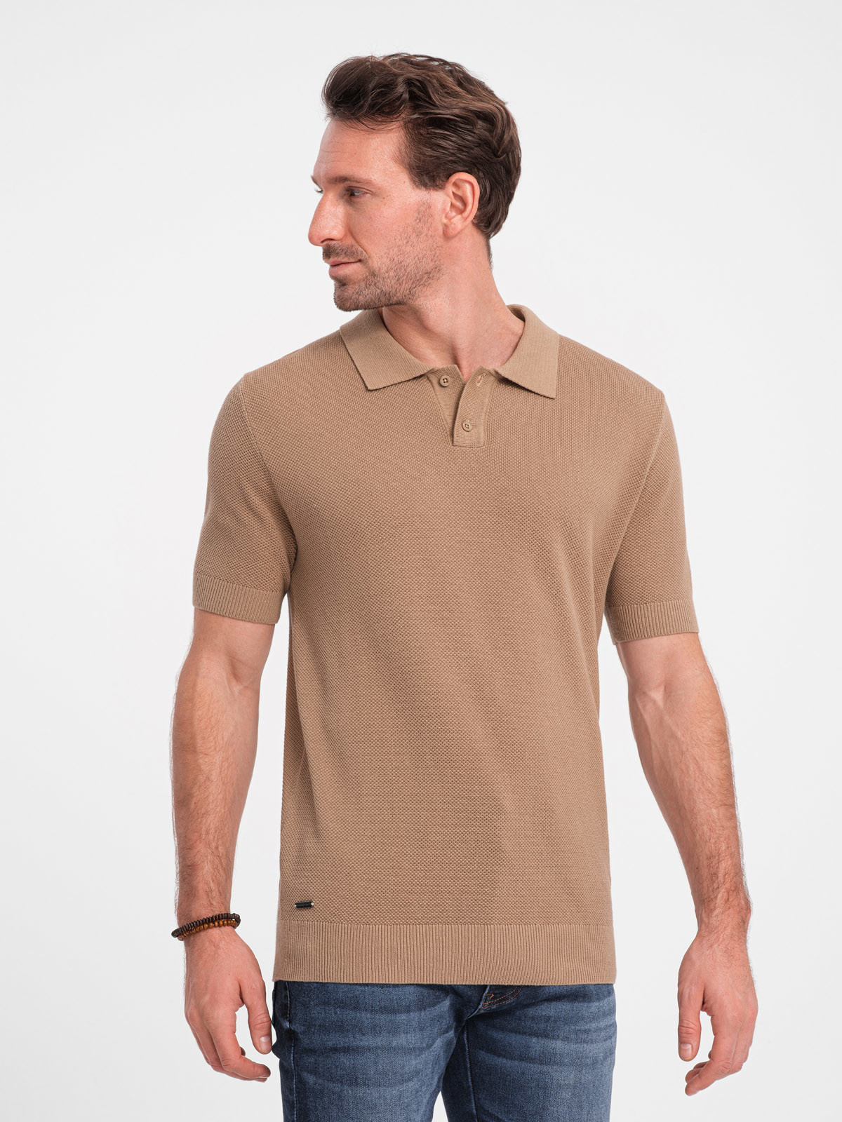 Ombre Men's structured knit polo shirt - light brown