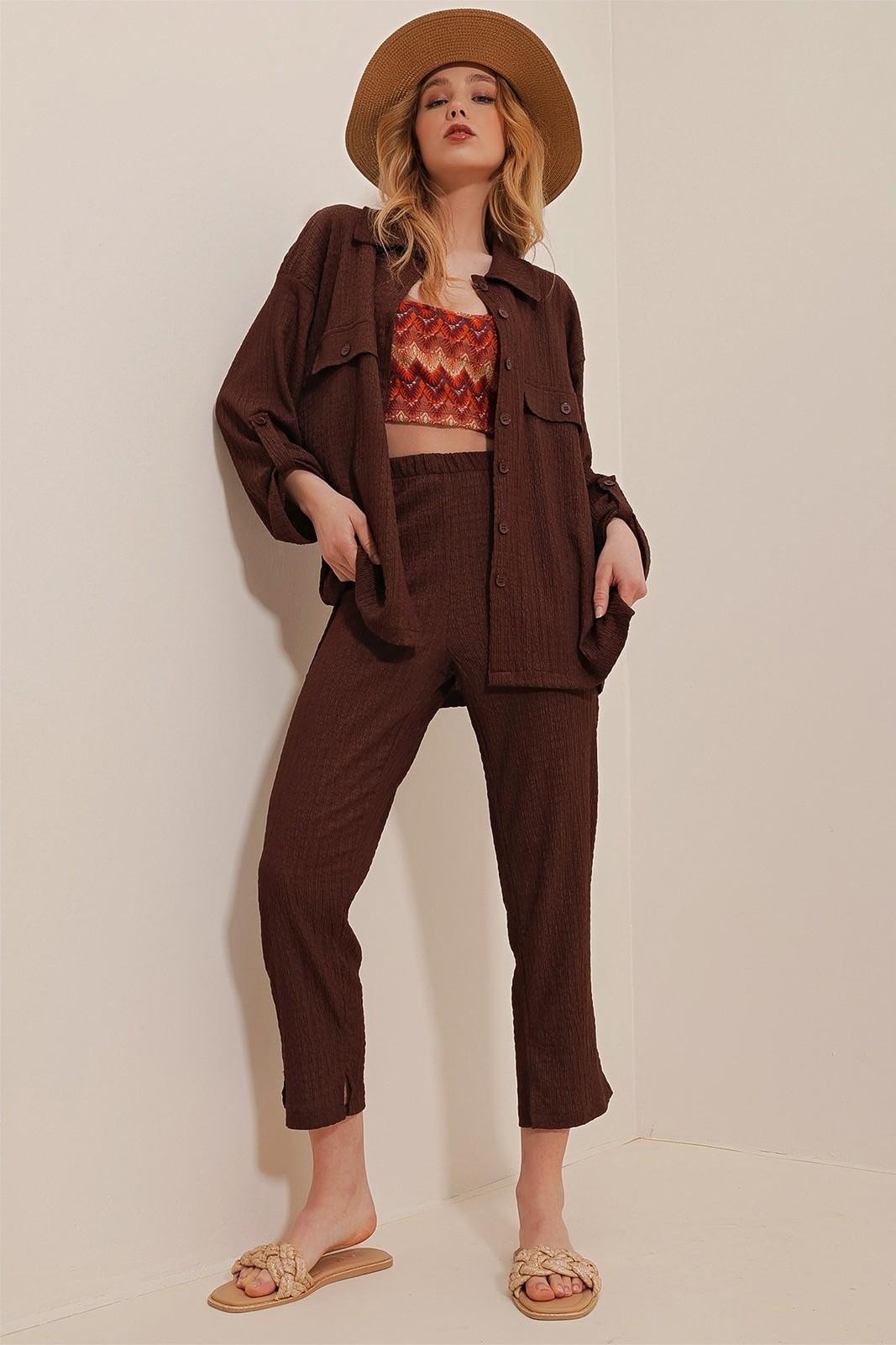 Trend Alaçatı Stili Women's Brown Polo Collar Double Seekers Suit