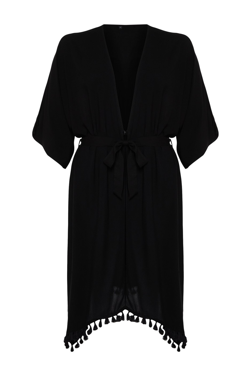 Trendyol Curve Black Tasseled Woven Kimono & Kaftan