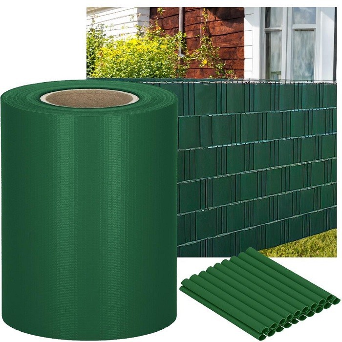 Springos Tieniace plotové pásky a klipy (20ks) - PVC - 35m x 19cm - 450 g/m2 - tmavozelená