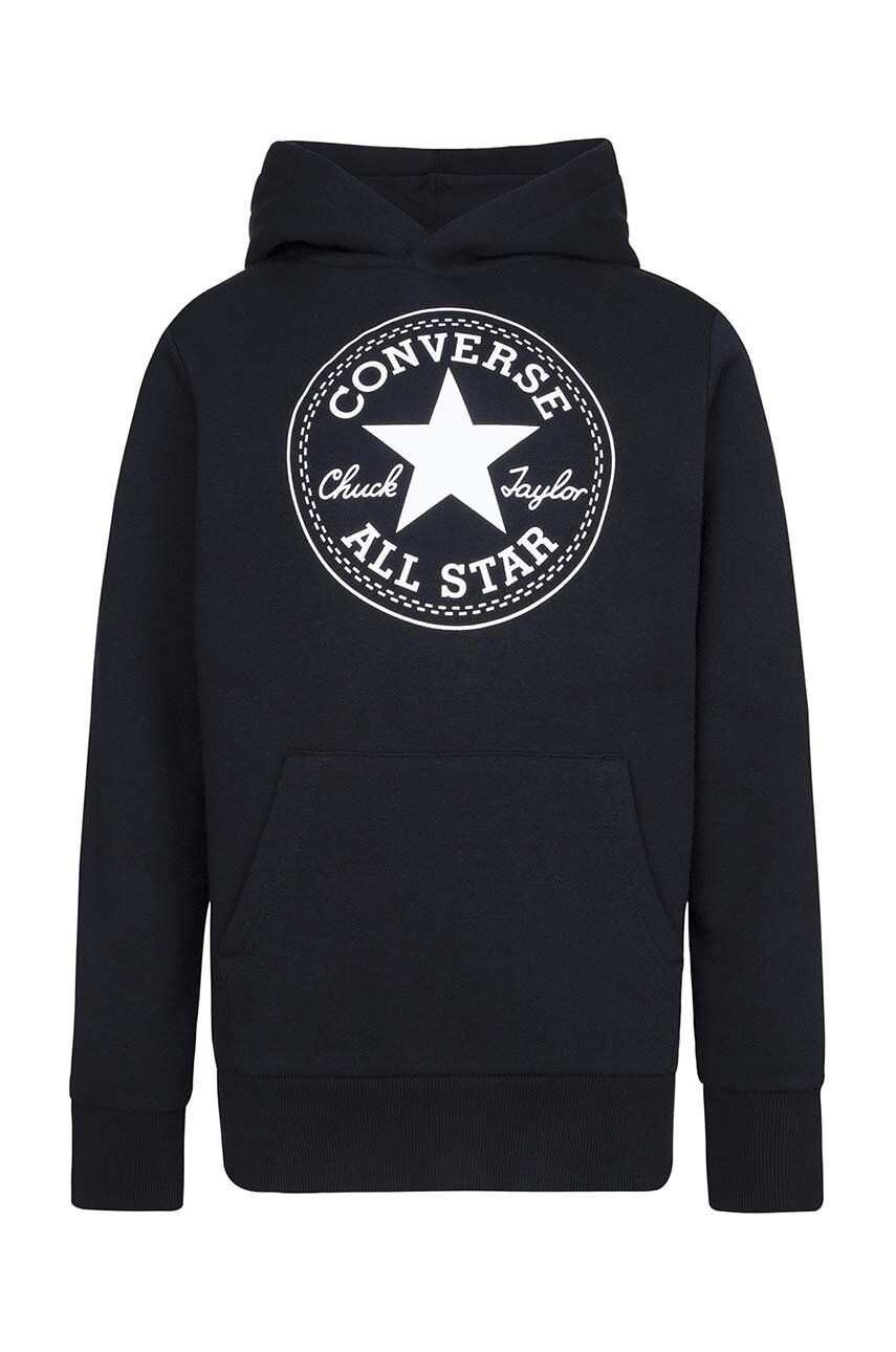 Detská mikina Converse čierna farba, s kapucňou, s potlačou
