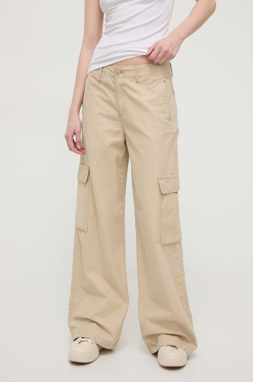 Nohavice Levi's BAGGY CARGO dámske, béžová farba, široké, vysoký pás