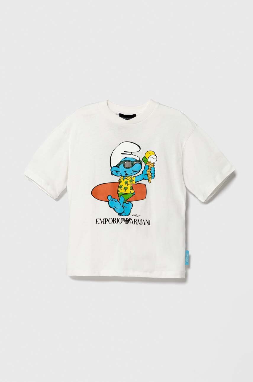 Detské bavlnené tričko Emporio Armani The Smurfs biela farba, s potlačou