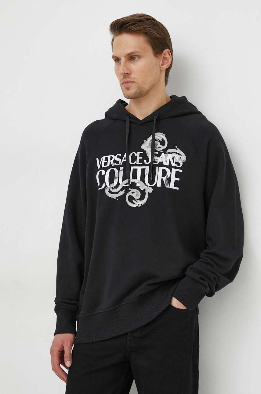 Bavlnená mikina Versace Jeans Couture pánska, čierna farba, s kapucňou, s potlačou